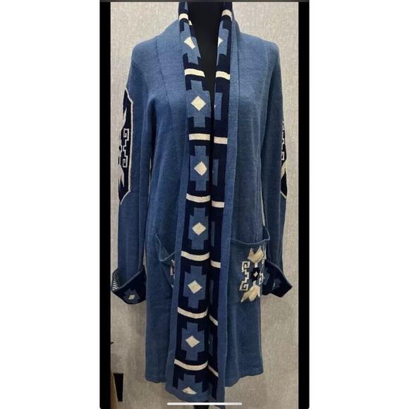 Wrangler western Aztec duster Long Sweater Cardigan Open Ranch Blue Western W - Picture 1 of 3